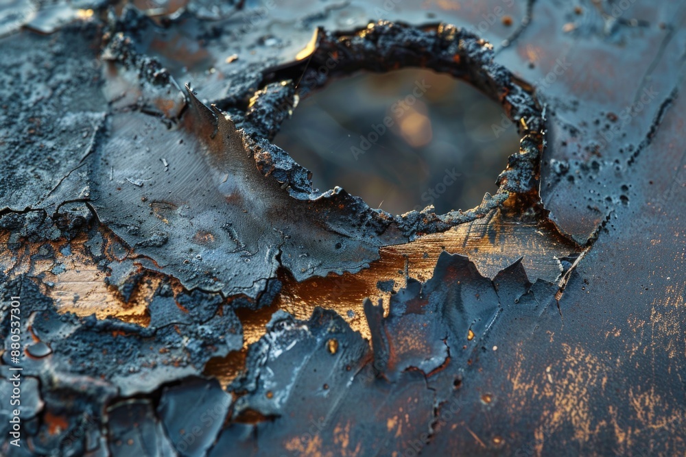 Poster A close-up view of a rusted metal surface with a hole, suitable for use in industrial or mechanical contexts