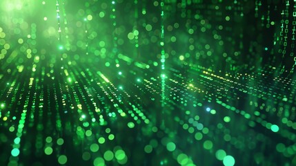 3D render. Abstract background with green neon lines sliding down. Modern digital wallpaper. A stream of glowing particles appears on the screen.