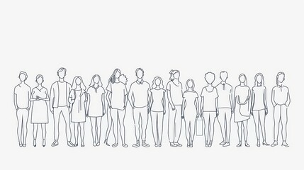 Line Art Illustration of a Diverse Group of People Standing Together - This simple illustration showcases a group of individuals standing together, representing unity and community. - This simple illu