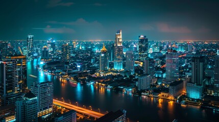 Fototapeta premium A night view of the Smart Network and Connection city of Bangkok Thailand