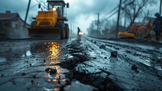 An asphalt road construction workers and equipment working on the side of an old