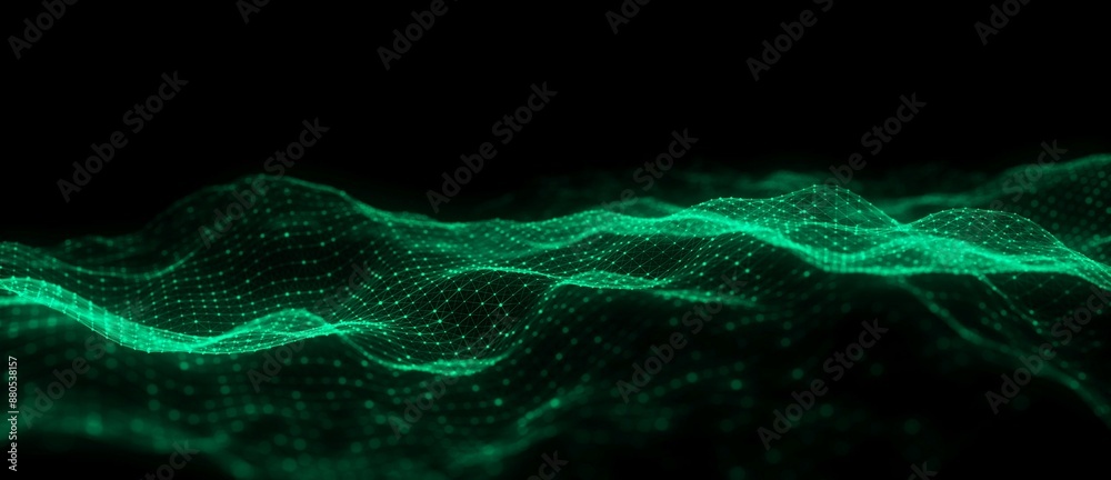 Poster Green wave of particles and lines. Big data visualization. Abstract background with a dynamic wave. 3d rendering.