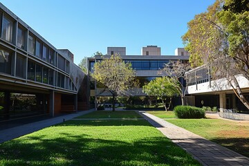 Lush green grass courtyard surrounded by modern university campus buildings