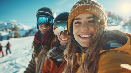 winter, leisure, extreme sport, friendship and people concept - happy friends in helmets with snowboards talking