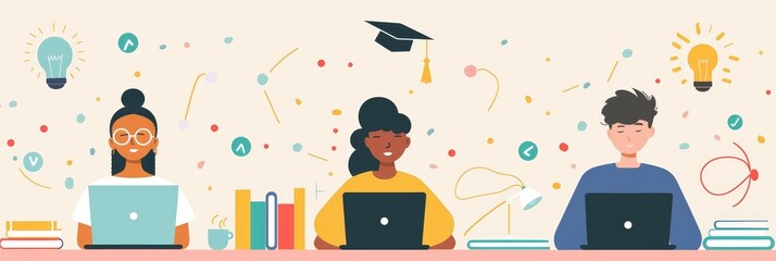 Online Learning Illustration - Illustration of three people learning online with laptops. - Illustration of three people learning online with laptops.