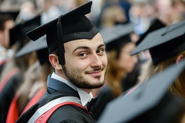Young man wearing cap and gown smiling at his university graduation ceremony