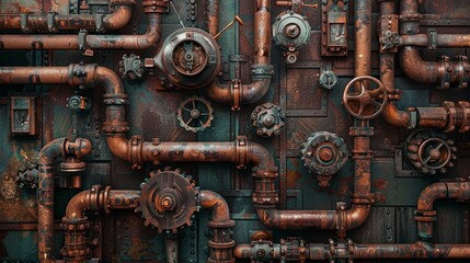 Rusty Industrial Pipes and Gears - A close-up of a rusty industrial wall with pipes, gears, and other machinery elements. The textured surface shows the signs of age and wear. - A close-up of a rusty 