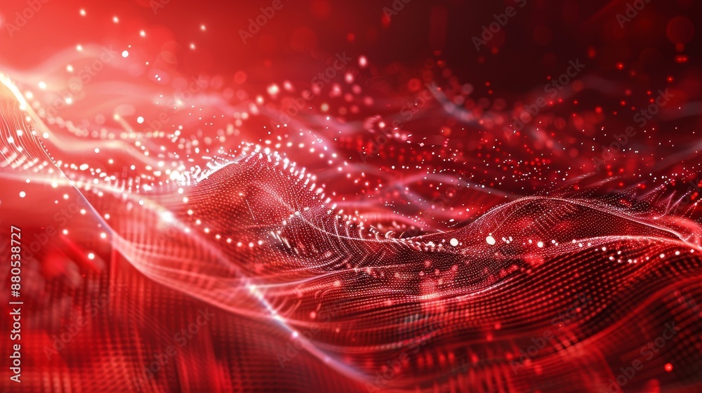 Poster a red tech background with digital waves, a dynamic network system, artificial neural connections, a