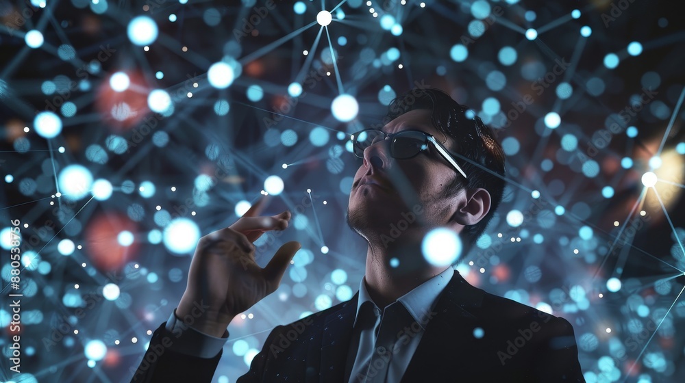 Poster three-dimensional rendering of a businessman using floating digital network connections