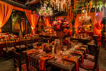 Luxurious Indian Wedding Venue with Vibrant Decorations and Orange Drapes