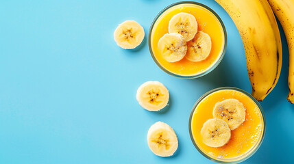 glasses of mango and banana smoothie on blue background