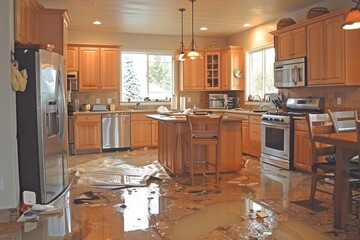 flooded kitchen interior with water pooling on the floor damaged cabinets and appliances illustrate the aftermath of a serious plumbing leak or natural disaster