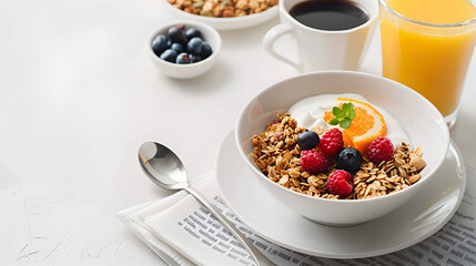Healthy Breakfast Bowl with Granola, Berries, and Coffee