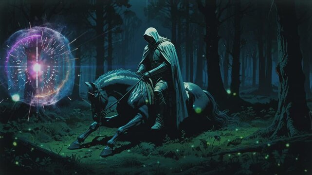 A tired horse rider along with his horse in the middle of a dark forest, seamless looping 4k animation video background