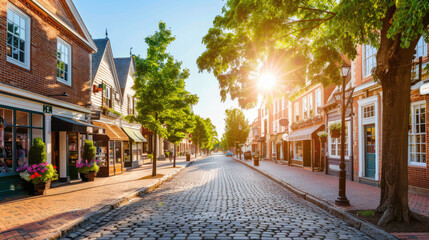 Obraz premium Charming narrow street with cobblestone pavement and old brick buildings in the sunlight