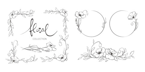 Frames from wild flower wreaths. Sketch in lines, freehand drawing. Vector illustration, summer flowers borders.