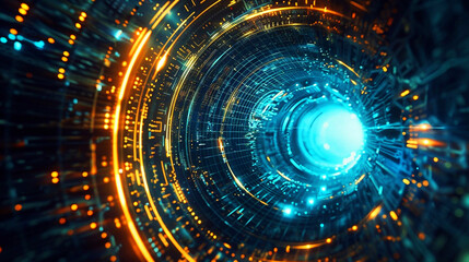 Obraz premium Technology Travel tunnel Circular portal in digital holographic style. Futuristic circular portal abstract background.