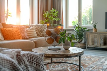 The living room has an electric fan with a plant and frame on a table