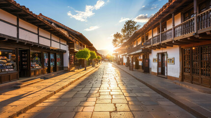 Obraz premium The photo shows a traditional Japanese street with old wooden houses and shops.