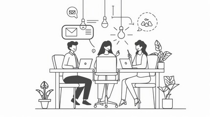 Teamwork and Collaboration - Illustration of a team working together on a project in an office setting, showcasing the importance of collaboration, communication, and teamwork. - Illustration of a tea