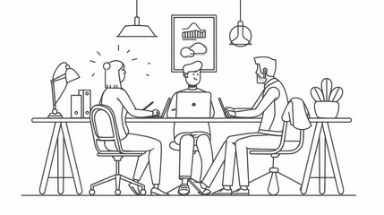 Teamwork and Collaboration: A Line Art Illustration of Three Colleagues Working Together - A line art illustration depicting three colleagues working together at a desk, emphasizing teamwork and colla