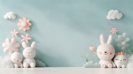 Cute stuffed animal toys with pastel colors on a turquoise background. Adorable bunny and cloud decorations for a child's room or baby shower.