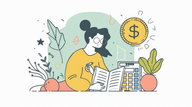 Woman Studying Finance - Illustration of a woman with glasses sitting at a desk with a calculator, pen, and book studying finance. - Illustration of a woman with glasses sitting at a desk with a calcu
