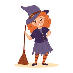 Cheerful curly girl in a witch outfit with a broom happy cute little kid
