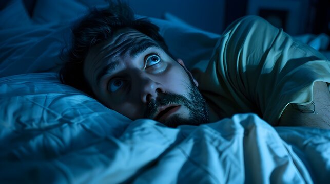 Troubled Man Tossing and Turning in Bed Struggling with Nightmares and Sleep Disturbances