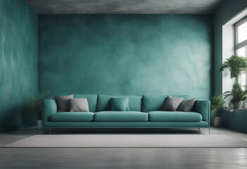 Sofa near grunge teal stucco wall with copy space Loft interior design of modern living room