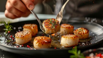 Chef cooking scallops with sauce on black plate, closeup	
