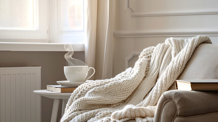 Cozy Morning with a Warm Cup of Coffee and Blanket