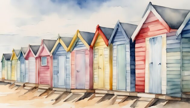 Watercolor illustration of a row of colorful beach huts on the beach