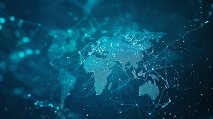 Fototapeta premium World map on futuristic blue background with plexus geometric shapes. Represents internet, technology, social networking, and the future.