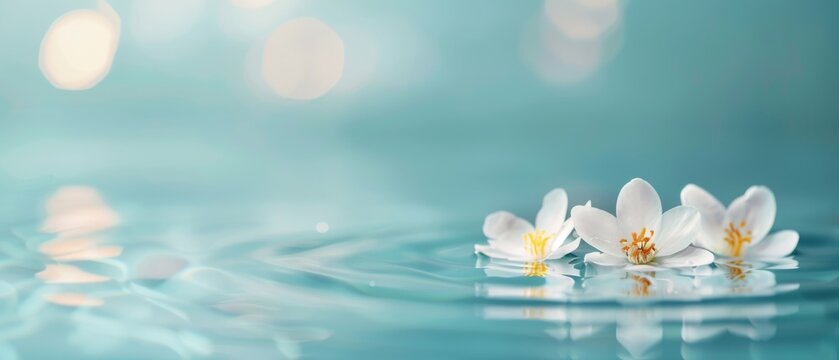 Delicate white flowers floating on tranquil aqua water with soft light bokeh in the background. Serene and peaceful nature scene.