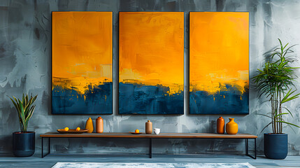 Modern living room with abstract orange and blue triptych wall art, wooden bench, decor items, and green plants.