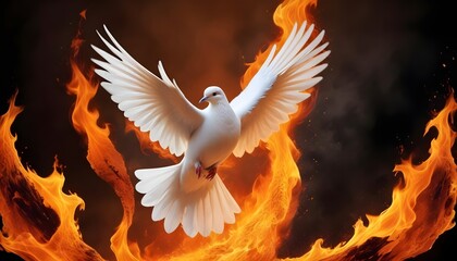 Obraz premium A dove sign of peace is flying infront of fire flames