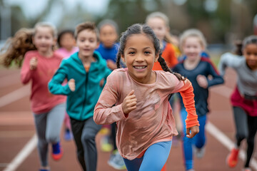 Children running on a running track in physical education class at school
