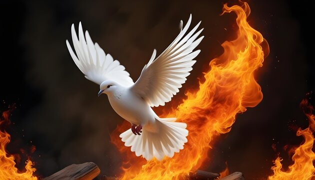 A dove sign of peace is flying infront of fire flames