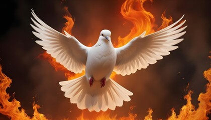 Fototapeta premium A dove sign of peace is flying infront of fire flames