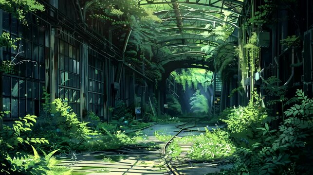 The serene beauty of an abandoned mine, reclaimed by nature with lush greenery. Fantasy landscape, looping 4k video animation background