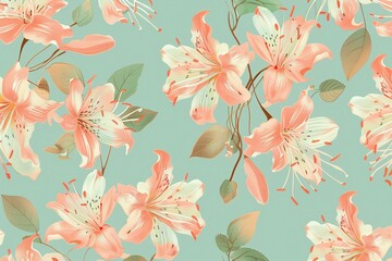 Fototapeta premium Minimalist Garden Aesthetic, Mint Green and Coral Lilies, Seamless Pattern with Flowers and Leaves. Hand Drawn Background. Floral Pattern for Wallpaper, Fabric, Textile, Fashion, Print