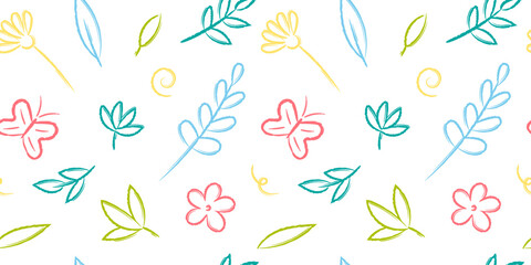 Summer hand drawn colorful crayon seamless patternt. Cute children floral background. Leaves, flowers, sun, clouds doodle brush style on white background.