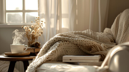 Cozy Corner with a Warm Cup of Coffee and Knitted Blanket"