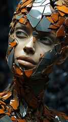 Pretty Female Portrait With Ceramic And Metal Art Make Up On Blurry Background