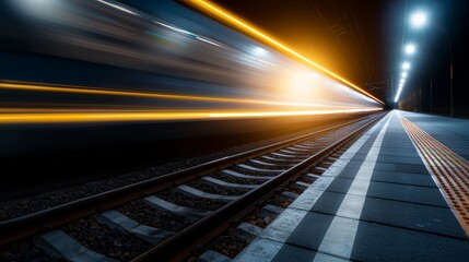 Long exposure shot of a high-speed train at night, capturing motion blur on empty railway platform under illuminated lights.