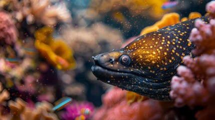 Close-up of a moray eel surrounded by colorful corals and marine life in an underwater ecosystem, showcasing vibrant oceanic biodiversity.