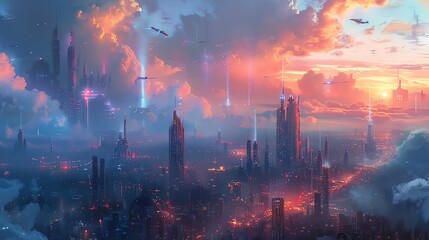 Fototapeta premium Futuristic Cityscape with Sunset and Flying Ships.