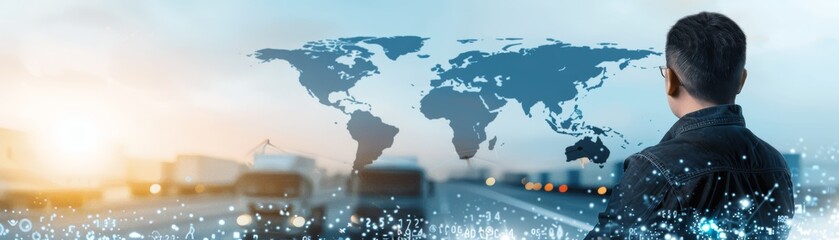 Naklejka premium Businessman facing a global map with transportation overlay, symbolizing international logistics and global strategy at sunrise.