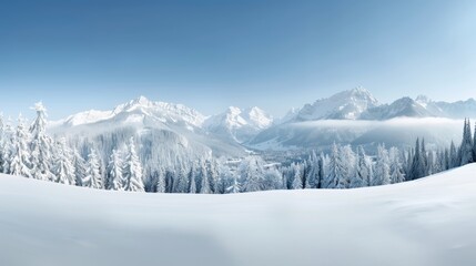 Serene winter landscape with snow-covered mountains and evergreen trees under a clear blue sky, showcasing natural beauty and tranquility.